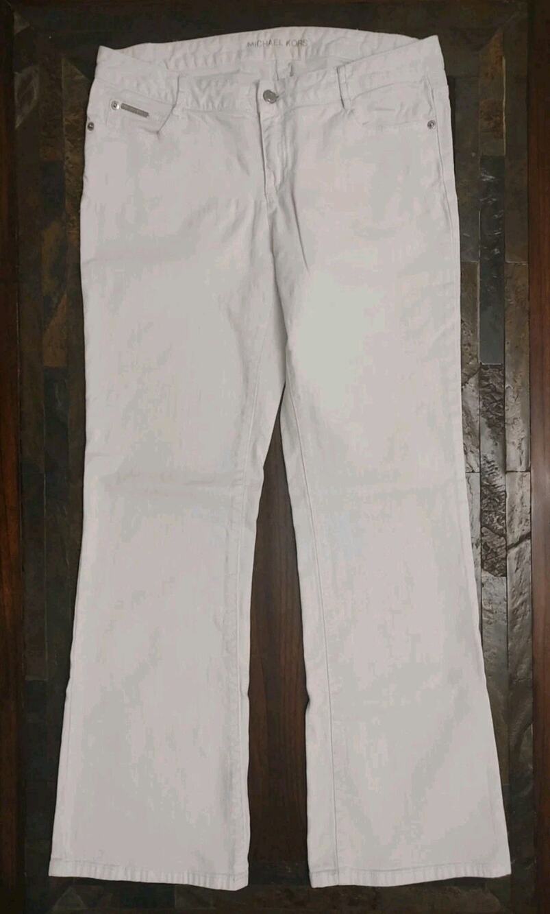 Michael Kors Women Size 10 Mid Rise Flared Leg White Denim Jeans Silver Accents